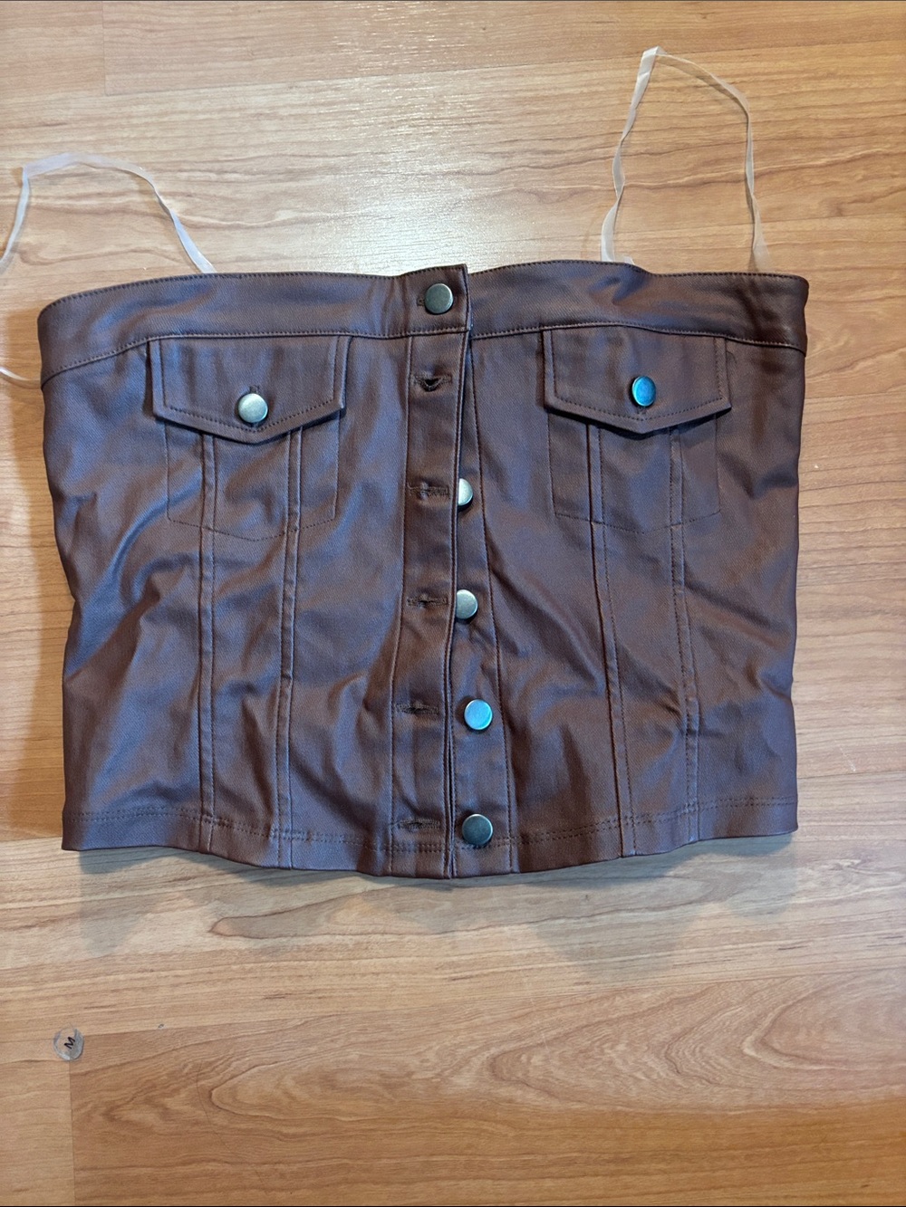 Women’s Brown Faux Leather Button-Front crop top